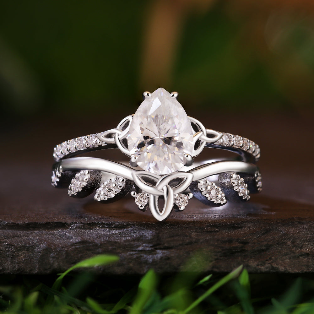 Art Deco 1.47ct Pear Cut Moissanite Bridal Set, Celtic Knot Accents