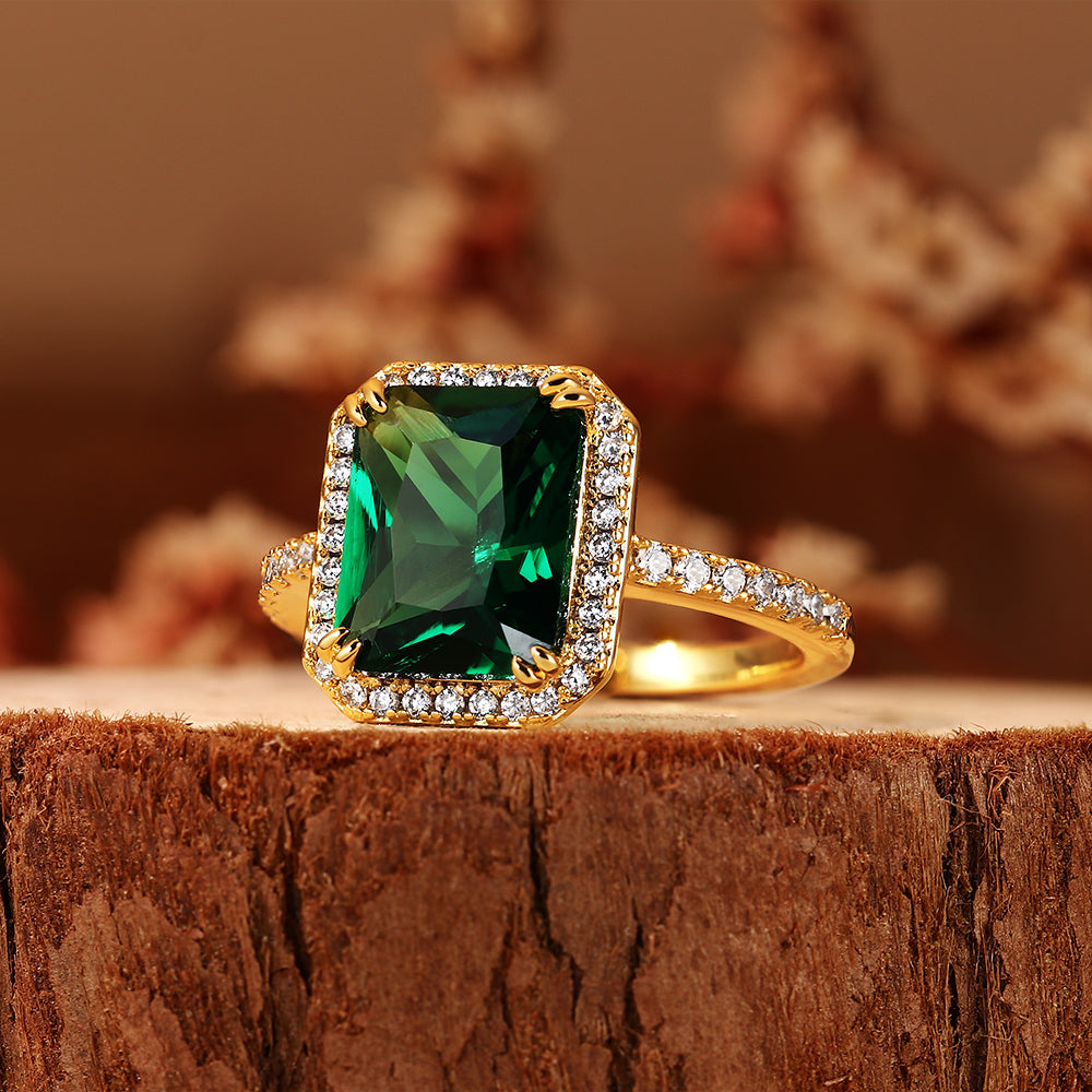 Luxury 1.87CT Emerald Cut Lab Emerald Halo Engagement Ring