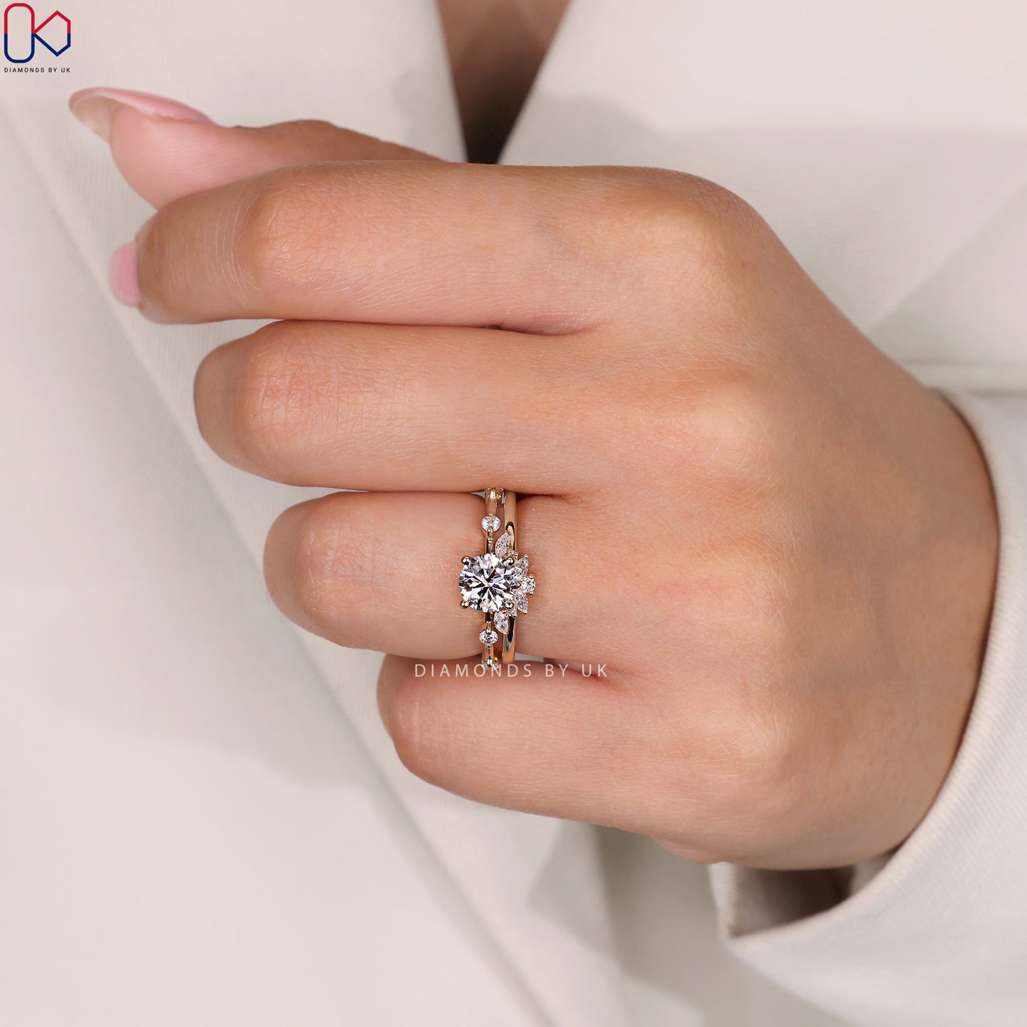 Side Stone Round Cut Engagement Ring with Wedding Band