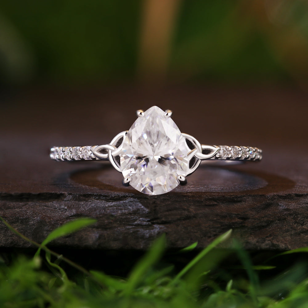 Nature Inspired 1.42ct Pear Cut Moissanite Engagement Ring, Celtic Knot Accents