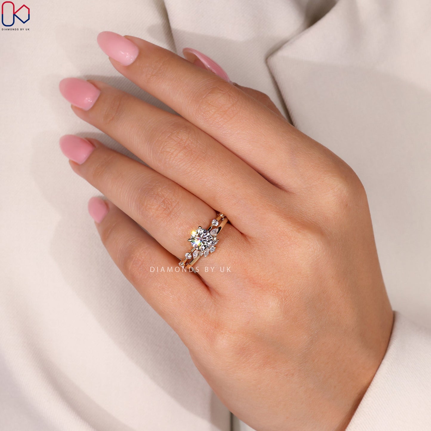 Side Stone Round Cut Engagement Ring with Wedding Band
