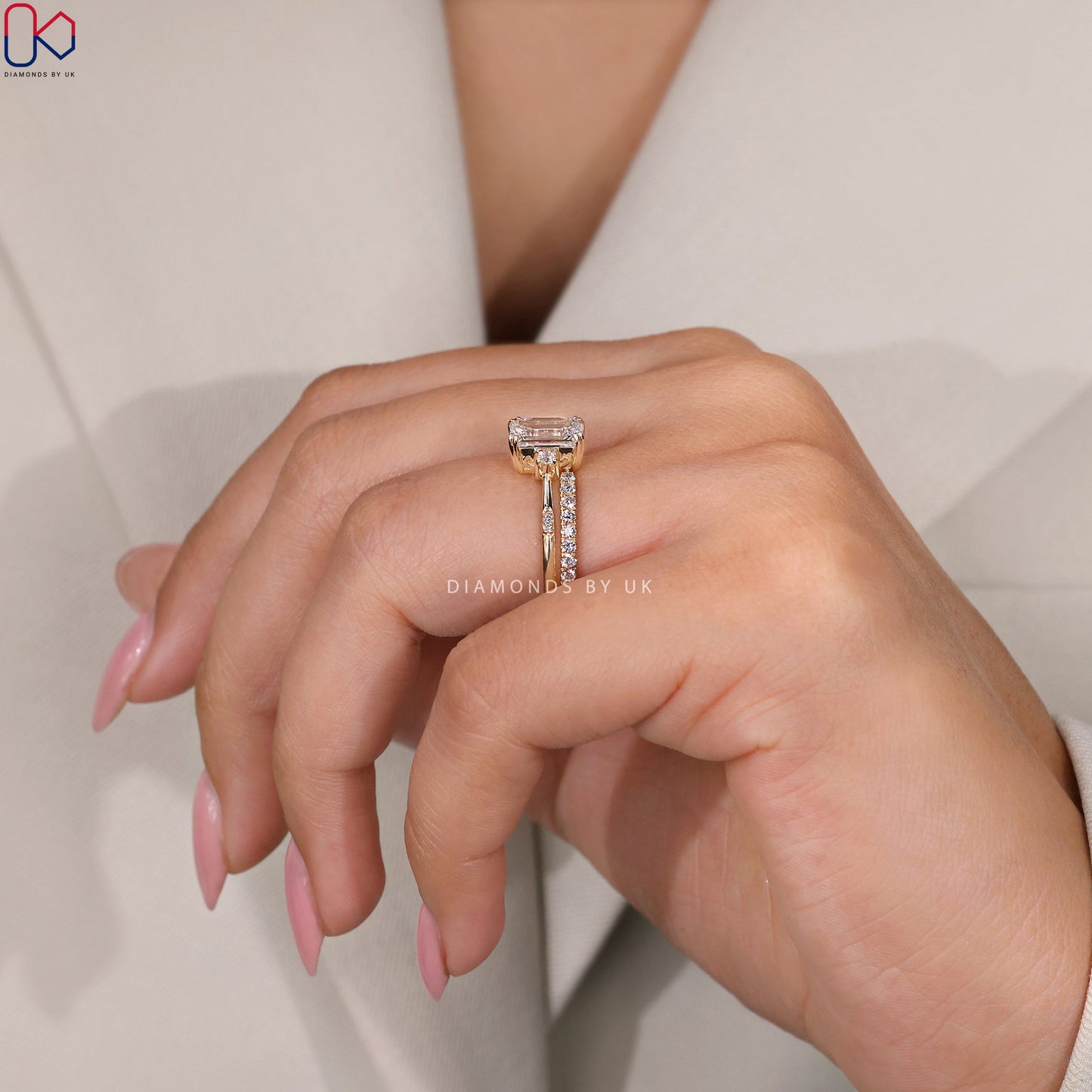Side Stone Emerald Cut Ring with Wedding Band