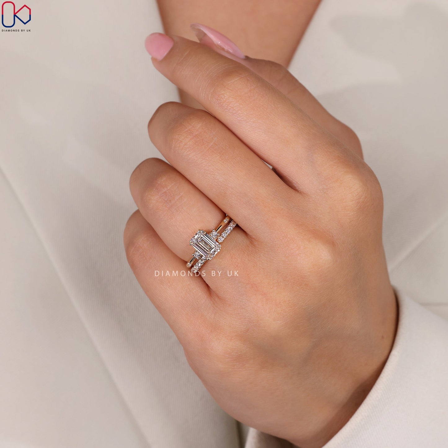 Side Stone Emerald Cut Ring with Wedding Band
