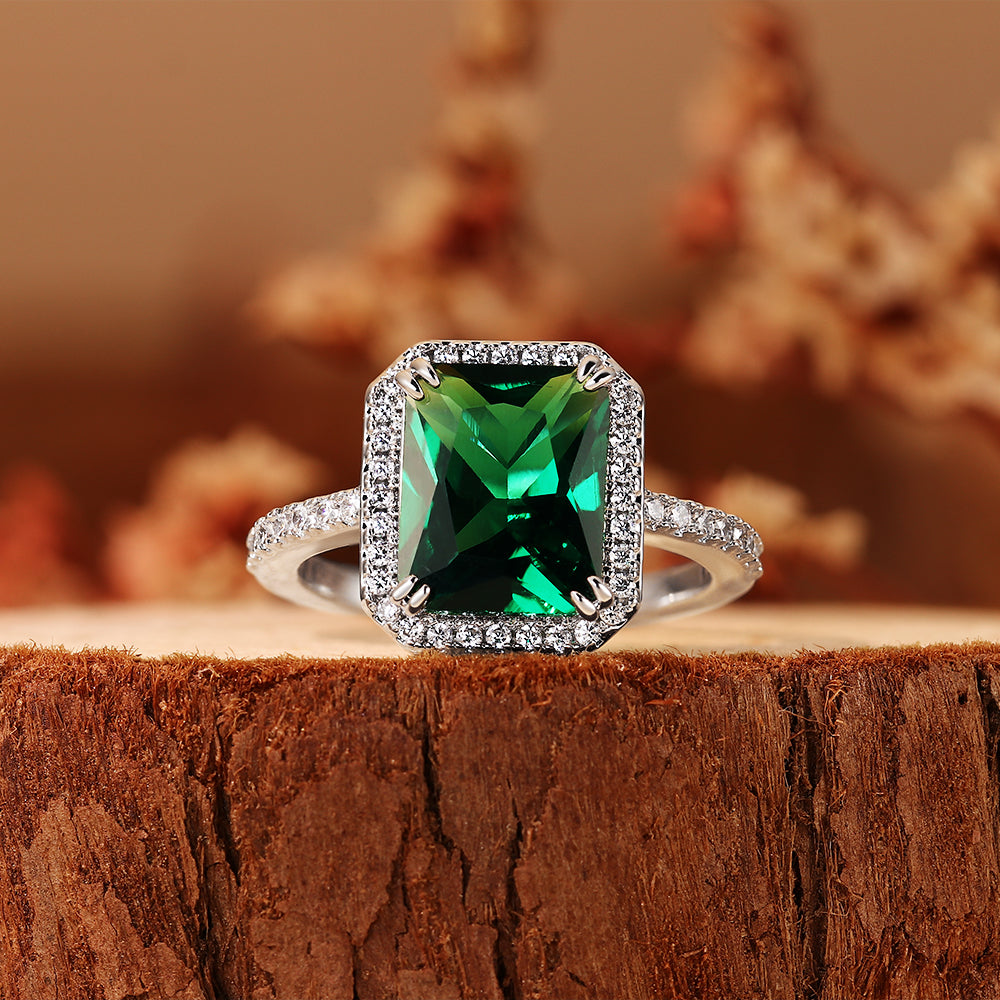 Luxury 1.87CT Emerald Cut Lab Emerald Halo Engagement Ring