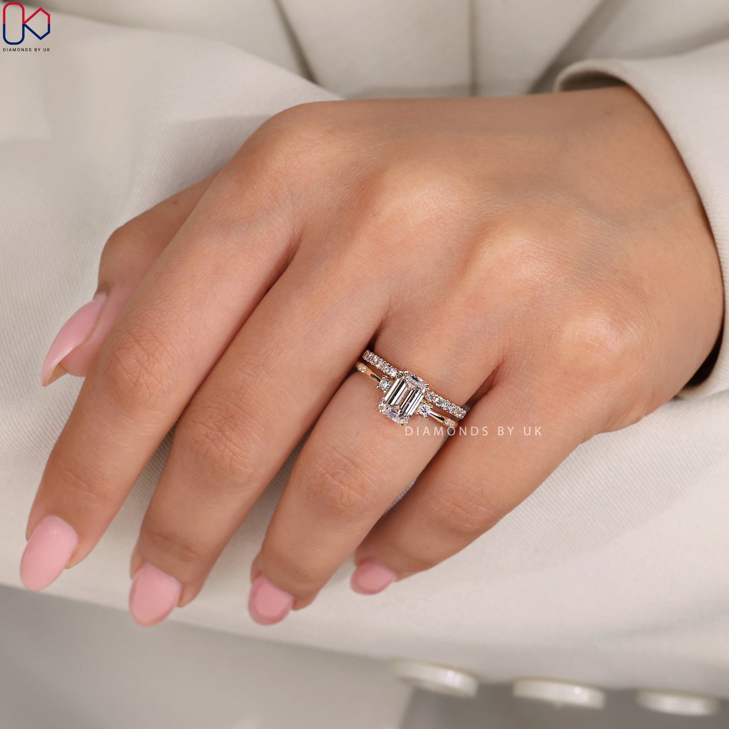 Side Stone Emerald Cut Ring with Wedding Band