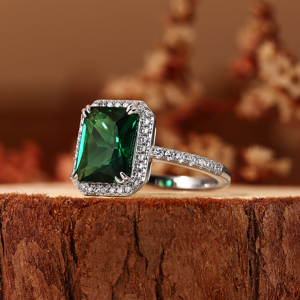 Luxury 1.87CT Emerald Cut Lab Emerald Halo Engagement Ring