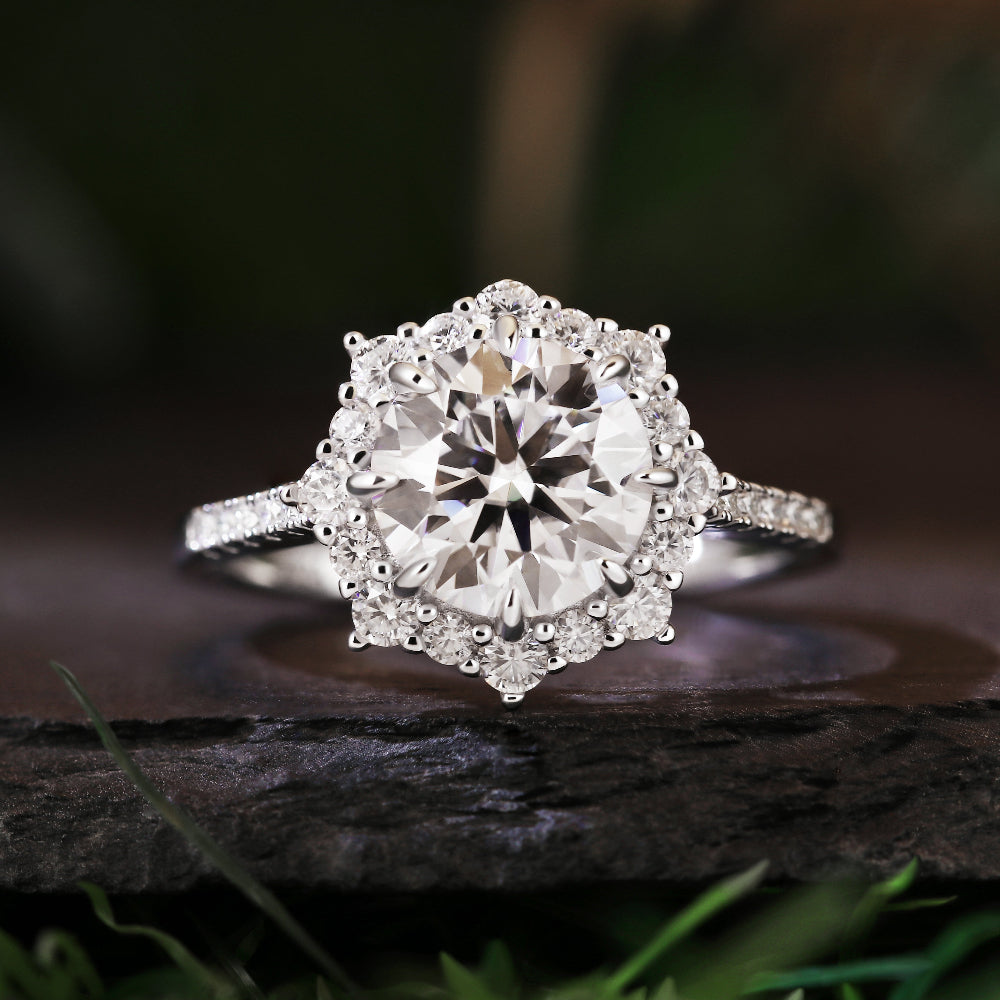 2.46ct Round Cut Moissanite Floral Snowflake Halo Engagement Ring