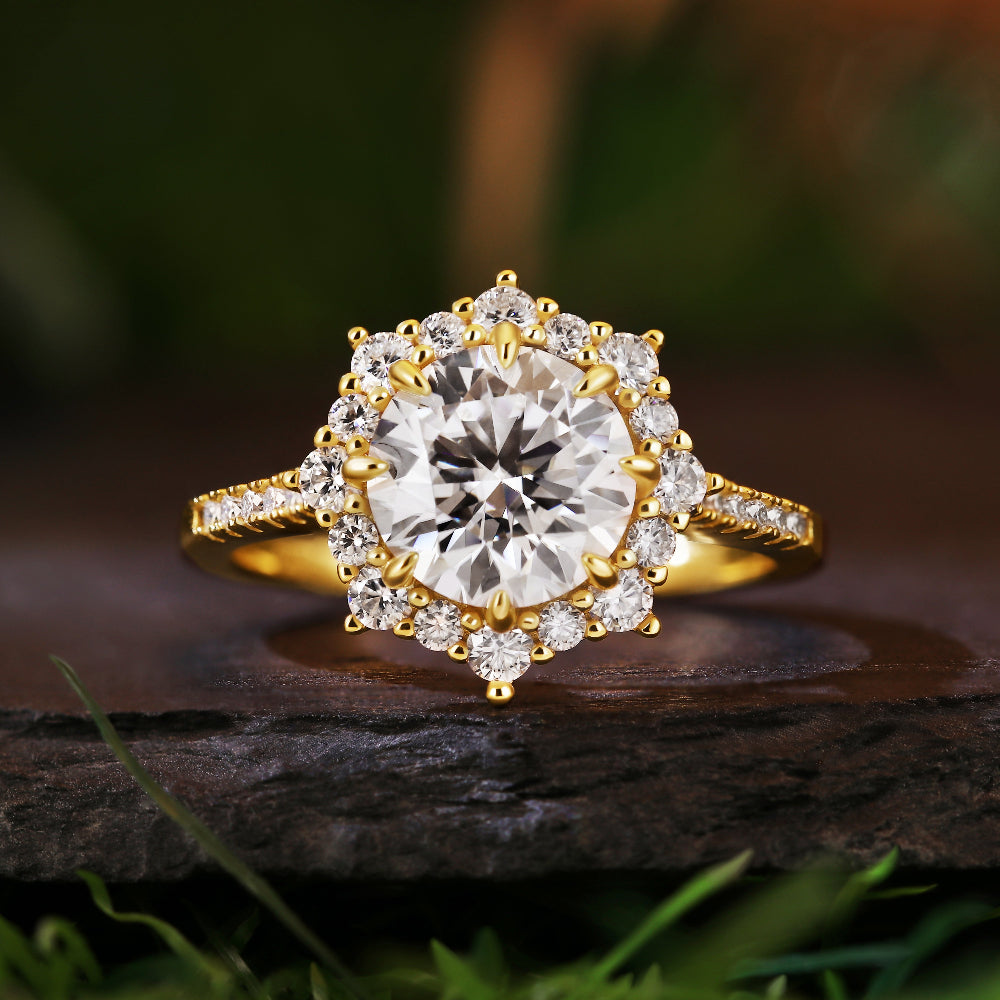 2.46ct Round Cut Moissanite Floral Snowflake Halo Engagement Ring