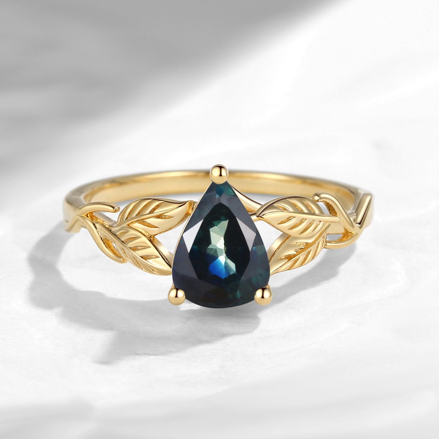 Nature Inspired - Pear Cut Natural Teal Sapphire Engagement Ring with Leaf Inspired Band