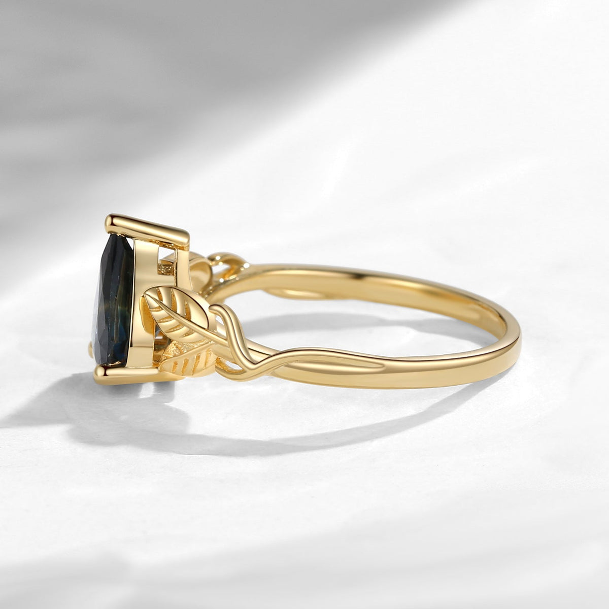Nature Inspired - Pear Cut Natural Teal Sapphire Engagement Ring with Leaf Inspired Band