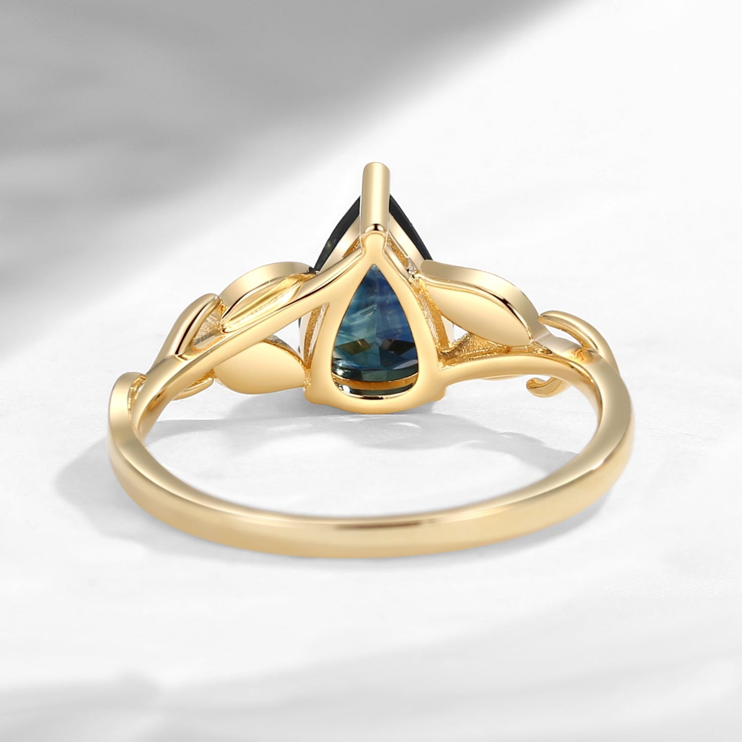 Nature Inspired - Pear Cut Natural Teal Sapphire Engagement Ring with Leaf Inspired Band