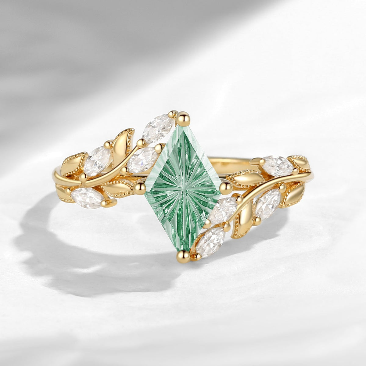 Fantasy Carved Unique Nature Inspired Kite Cut Lab Green Sapphire Leaf Engagement Ring