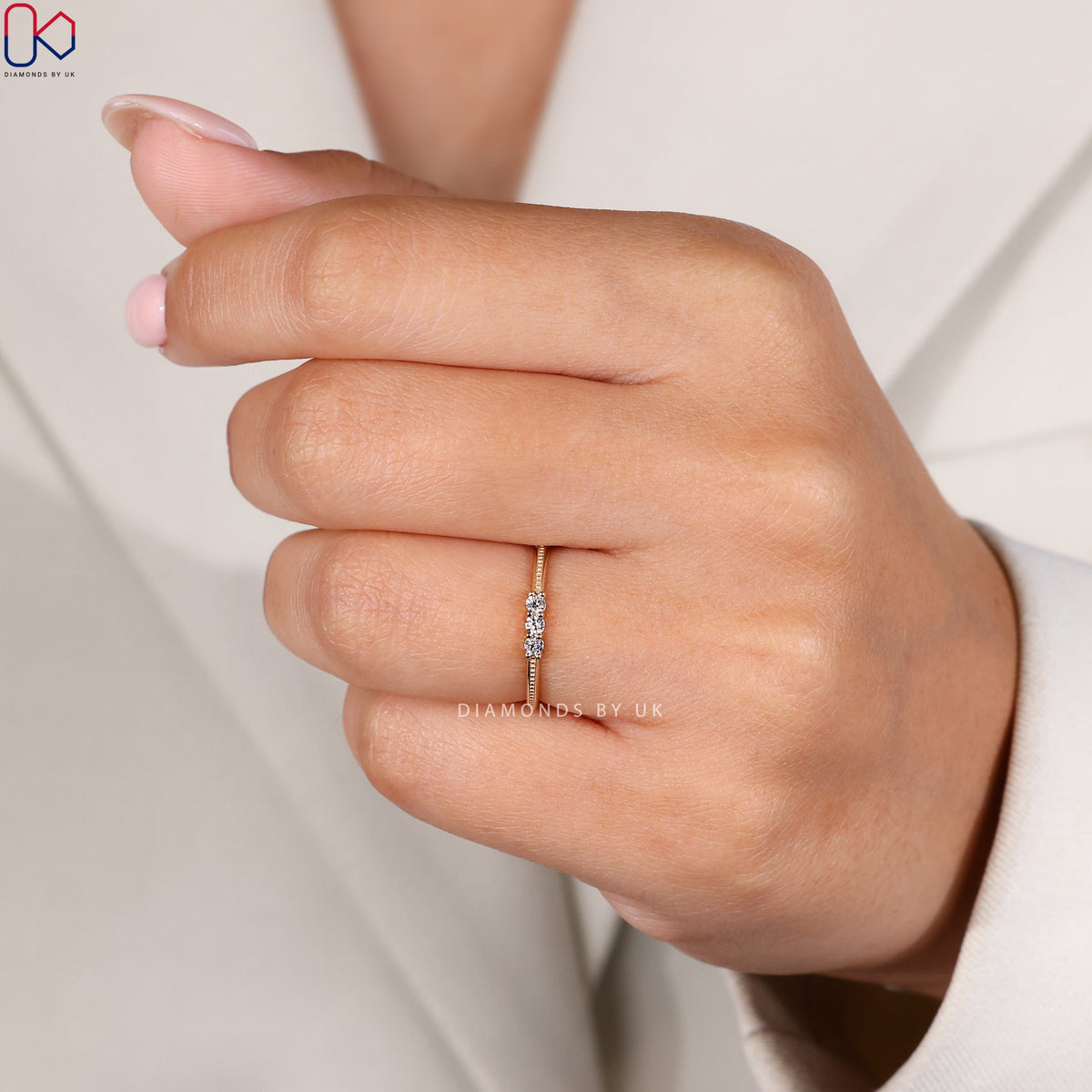Round 3 Stone Wedding Band In Yellow Gold