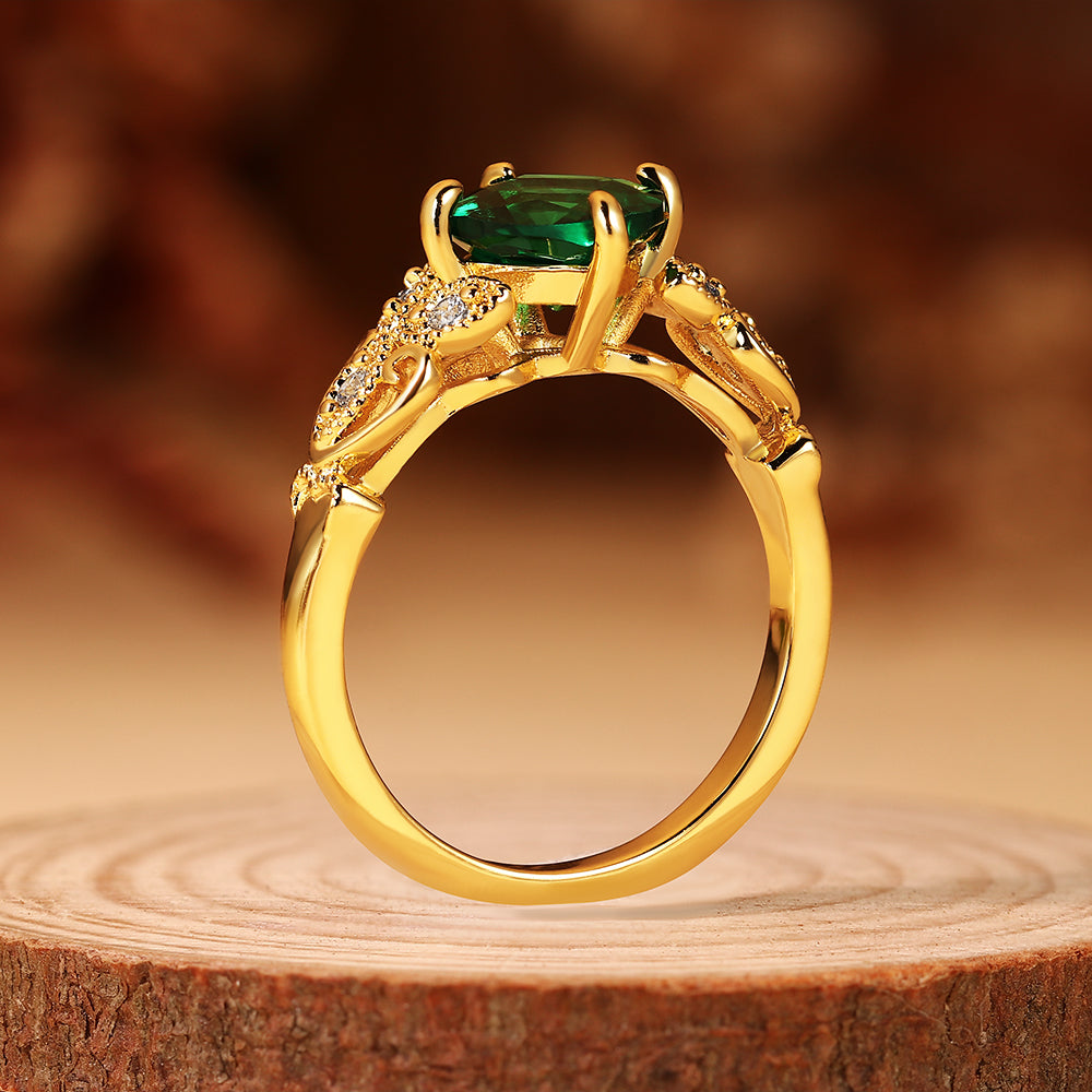 Vintage 1.46CT Cushion Cut Lab Emerald Art Deco Leaf Engagement Ring