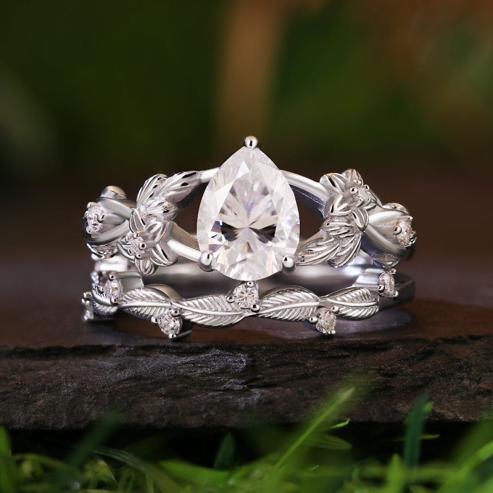 1.45ct Pear Cut Moissanite Bridal Ring Set, Nature Inspired Leaf & Vine Design