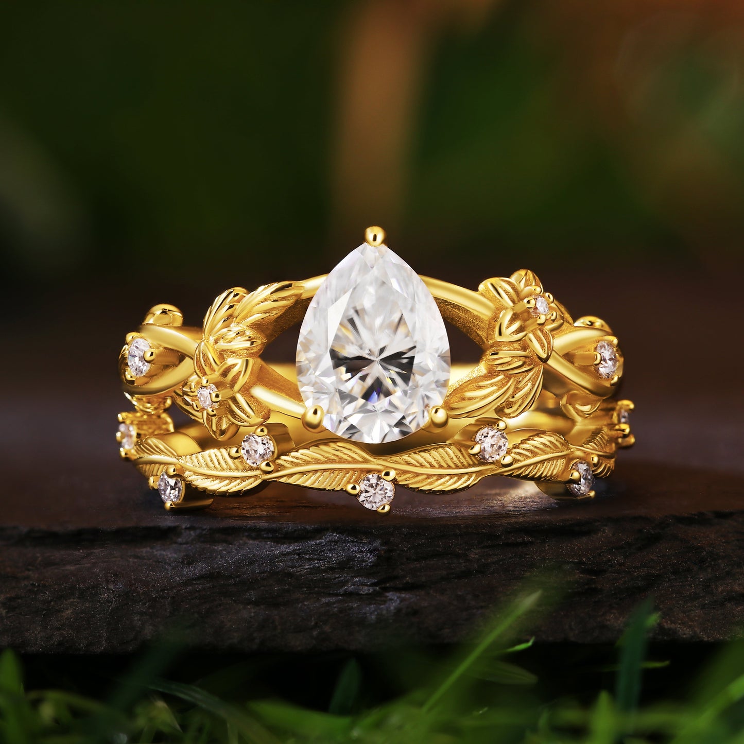 1.45ct Pear Cut Moissanite Bridal Ring Set, Nature Inspired Leaf & Vine Design
