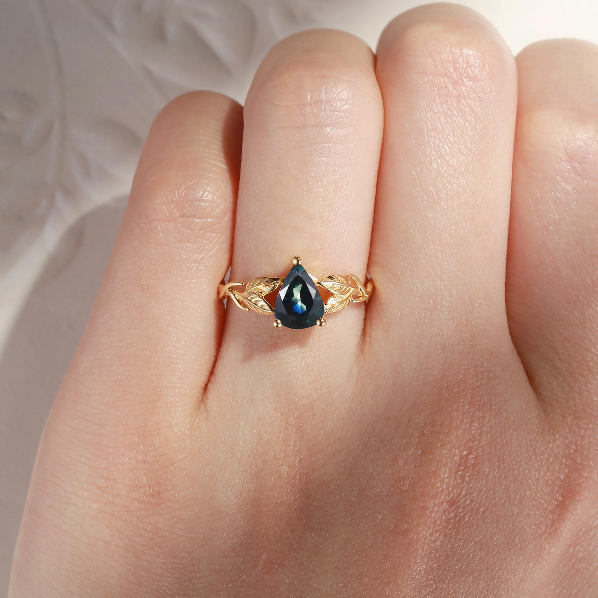Nature Inspired - Pear Cut Natural Teal Sapphire Engagement Ring with Leaf Inspired Band