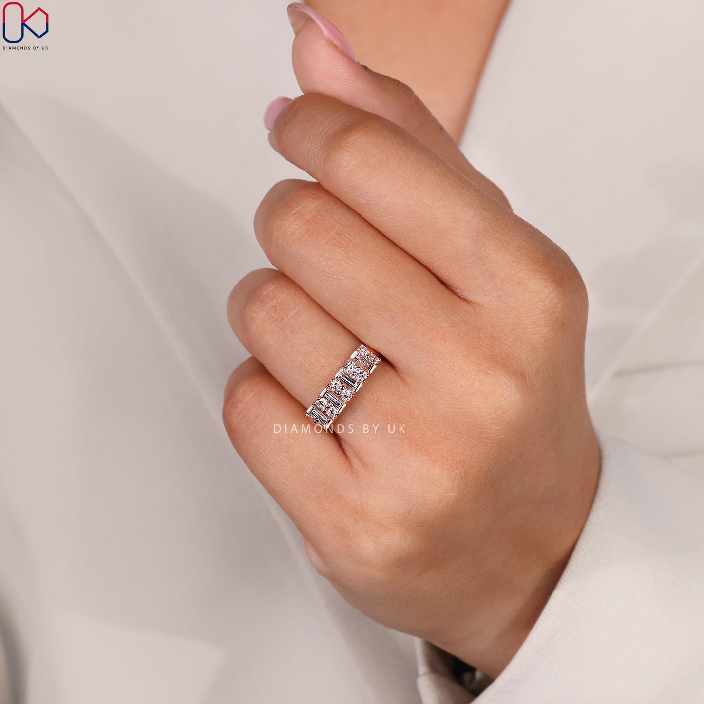 Baguette And Round Diamond Band With Semi Bezel Setting