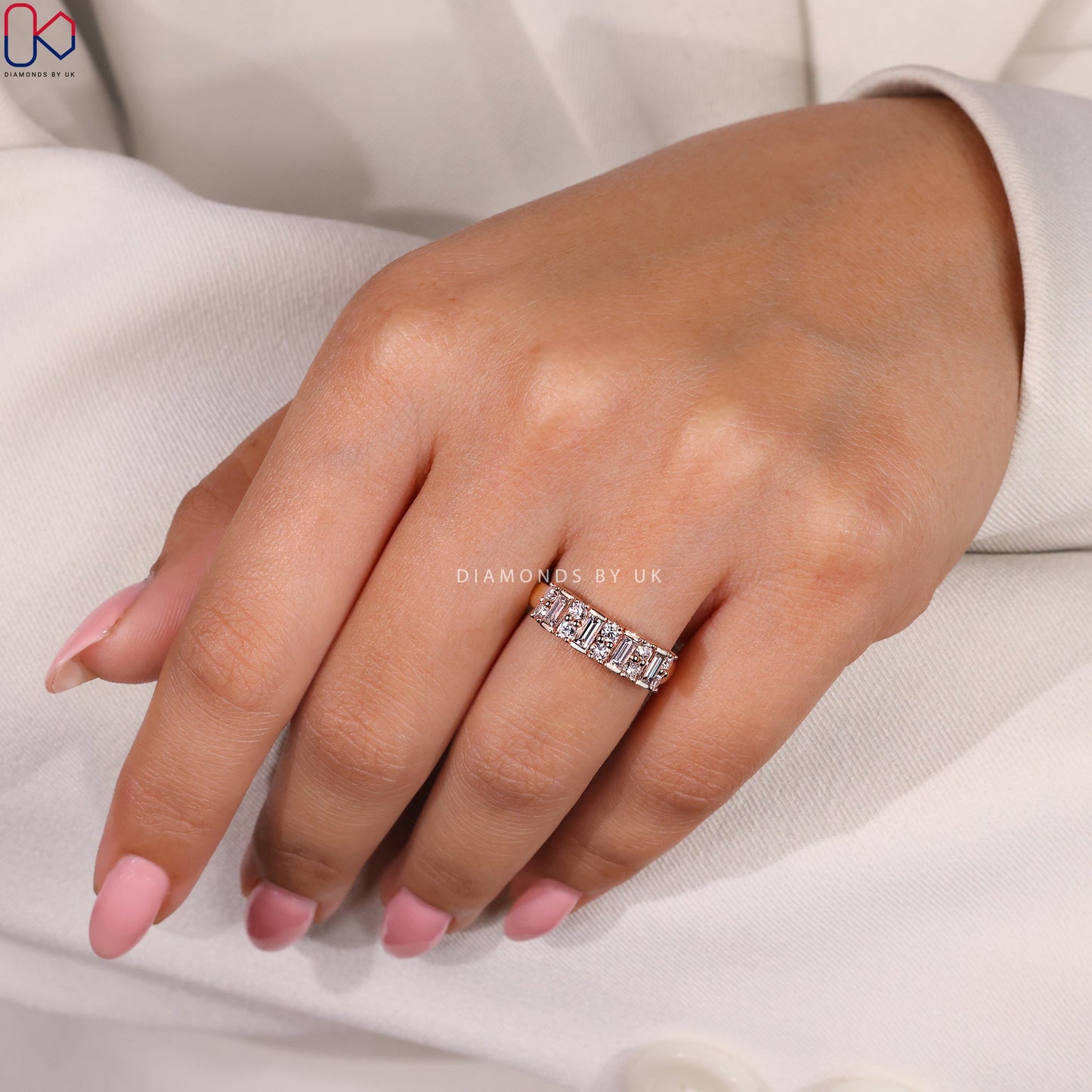 Baguette And Round Diamond Band With Semi Bezel Setting