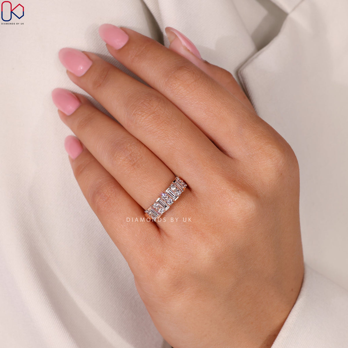 Baguette And Round Diamond Band With Semi Bezel Setting