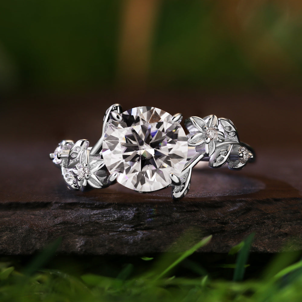 2.04Ct Round Cut Moissanite with Floral Motif Accents Vintage Romantic Engagement Ring