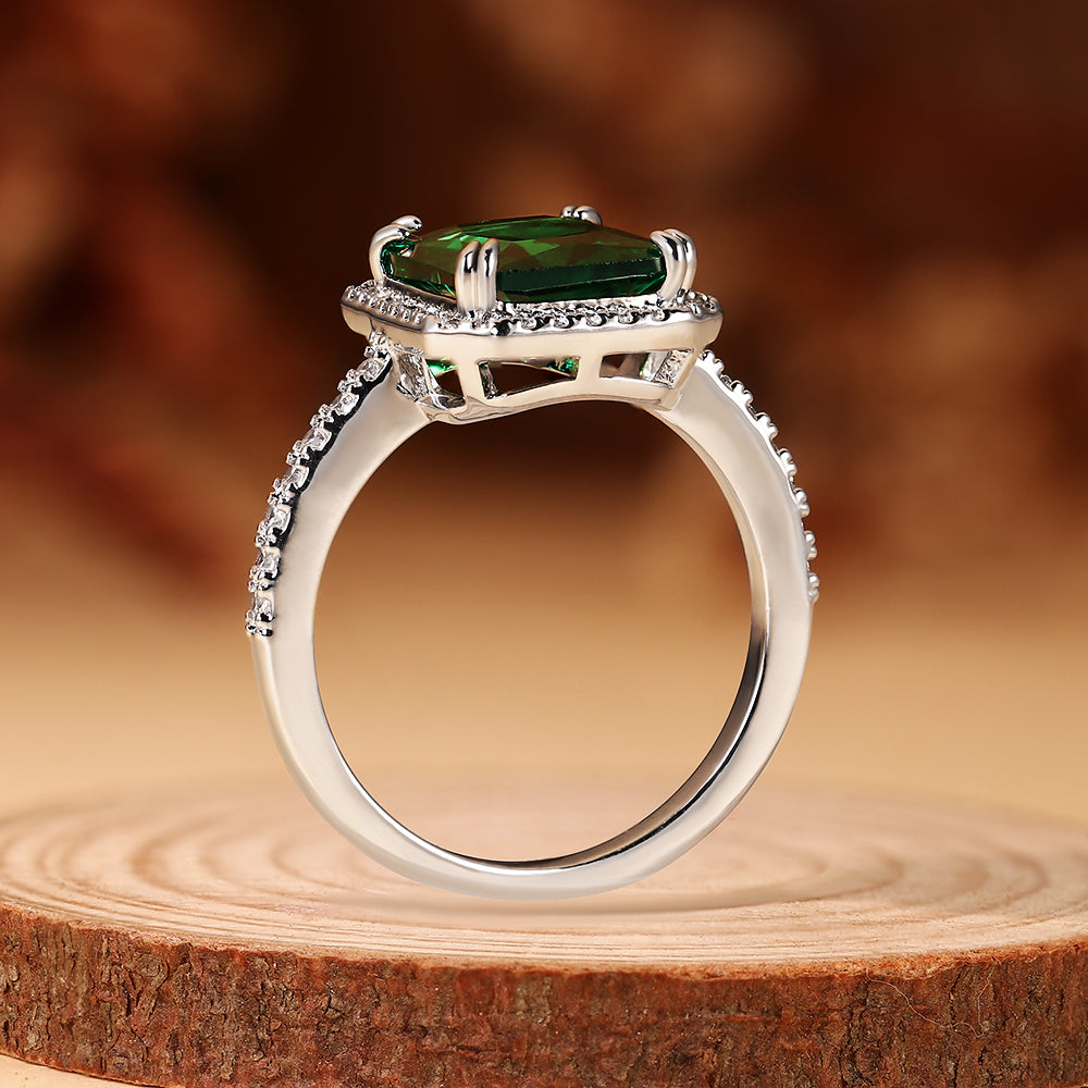 Luxury 1.87CT Emerald Cut Lab Emerald Halo Engagement Ring