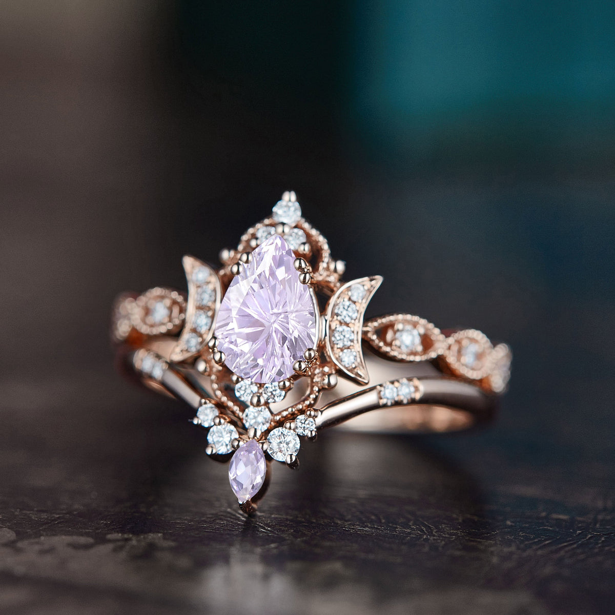 Crescent Moon | Vintage Firework Cut Pear Lab Lavender Sapphire Engagement Ring 2pcs - Luna