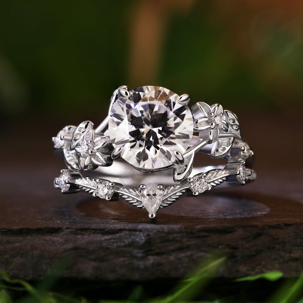 2.21Ct Round Cut Moissanite Flower Engagement Ring Curved Wedding Band Nature Vines Bridal Set