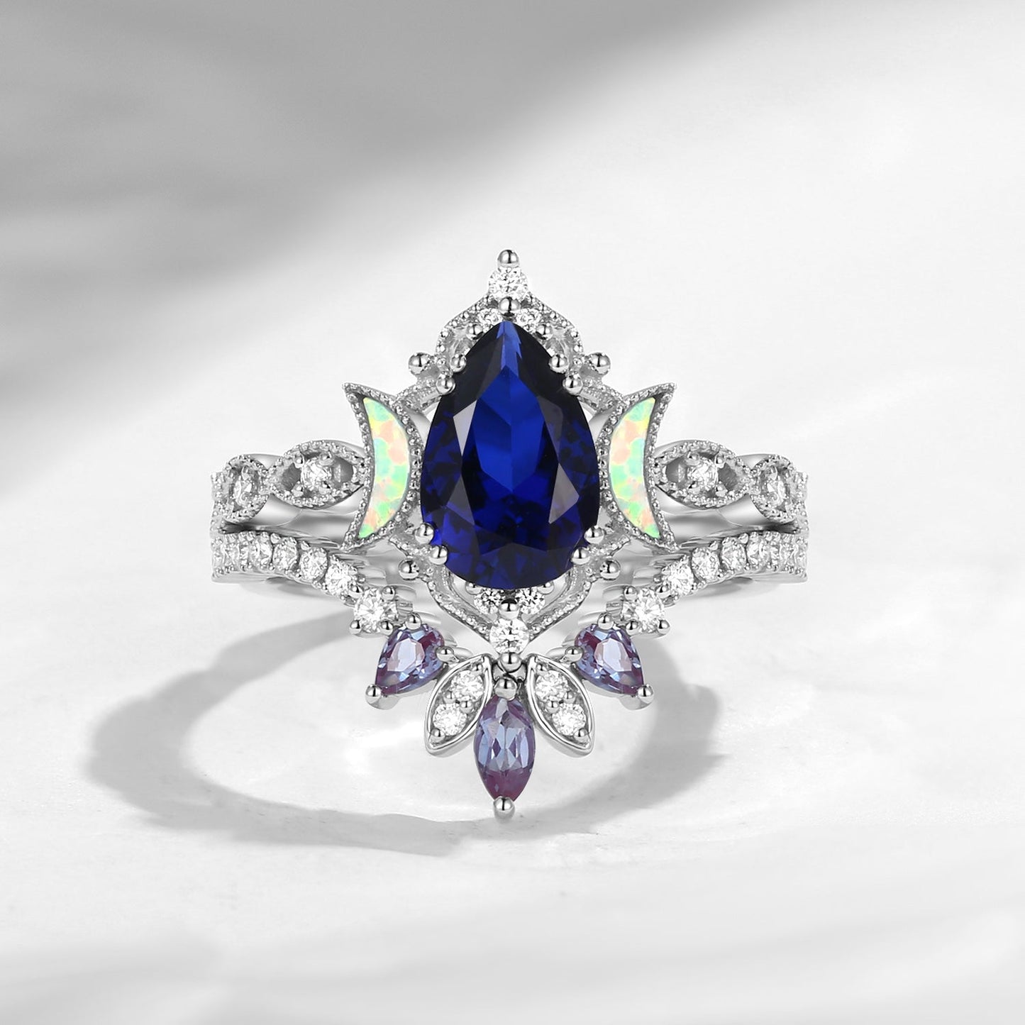 Crescent Moon | Pear Cut Lab Blue Sapphire & Alexandrite 'Ultra Galaxy' Engagement Ring Set 2pcs