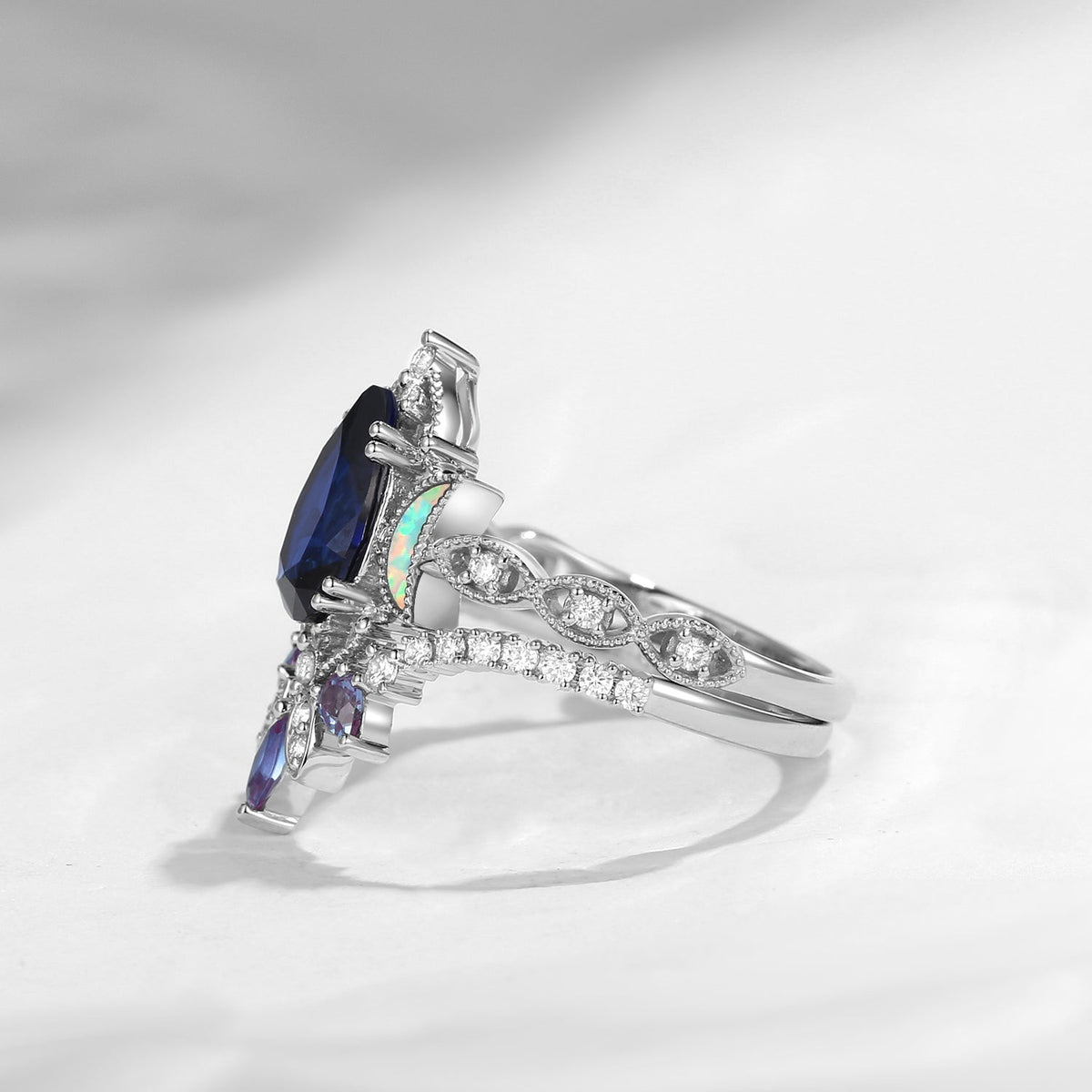Crescent Moon | Pear Cut Lab Blue Sapphire & Alexandrite 'Ultra Galaxy' Engagement Ring Set 2pcs