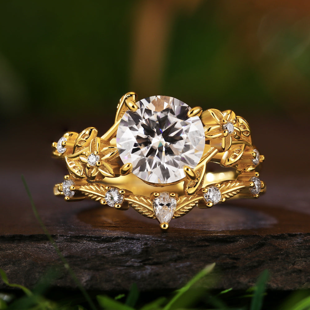 2.21Ct Round Cut Moissanite Flower Engagement Ring Curved Wedding Band Nature Vines Bridal Set