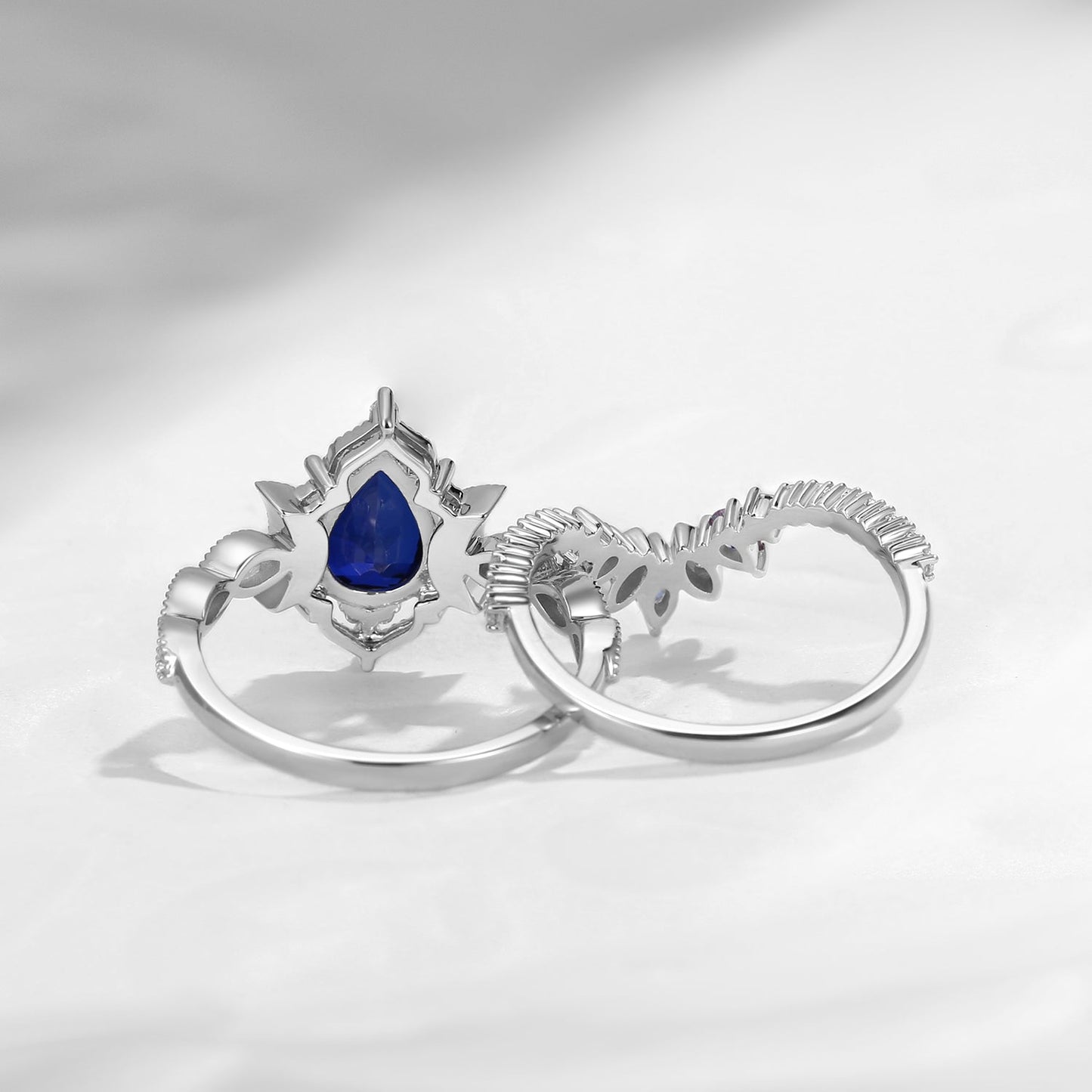 Crescent Moon | Pear Cut Lab Blue Sapphire & Alexandrite 'Ultra Galaxy' Engagement Ring Set 2pcs