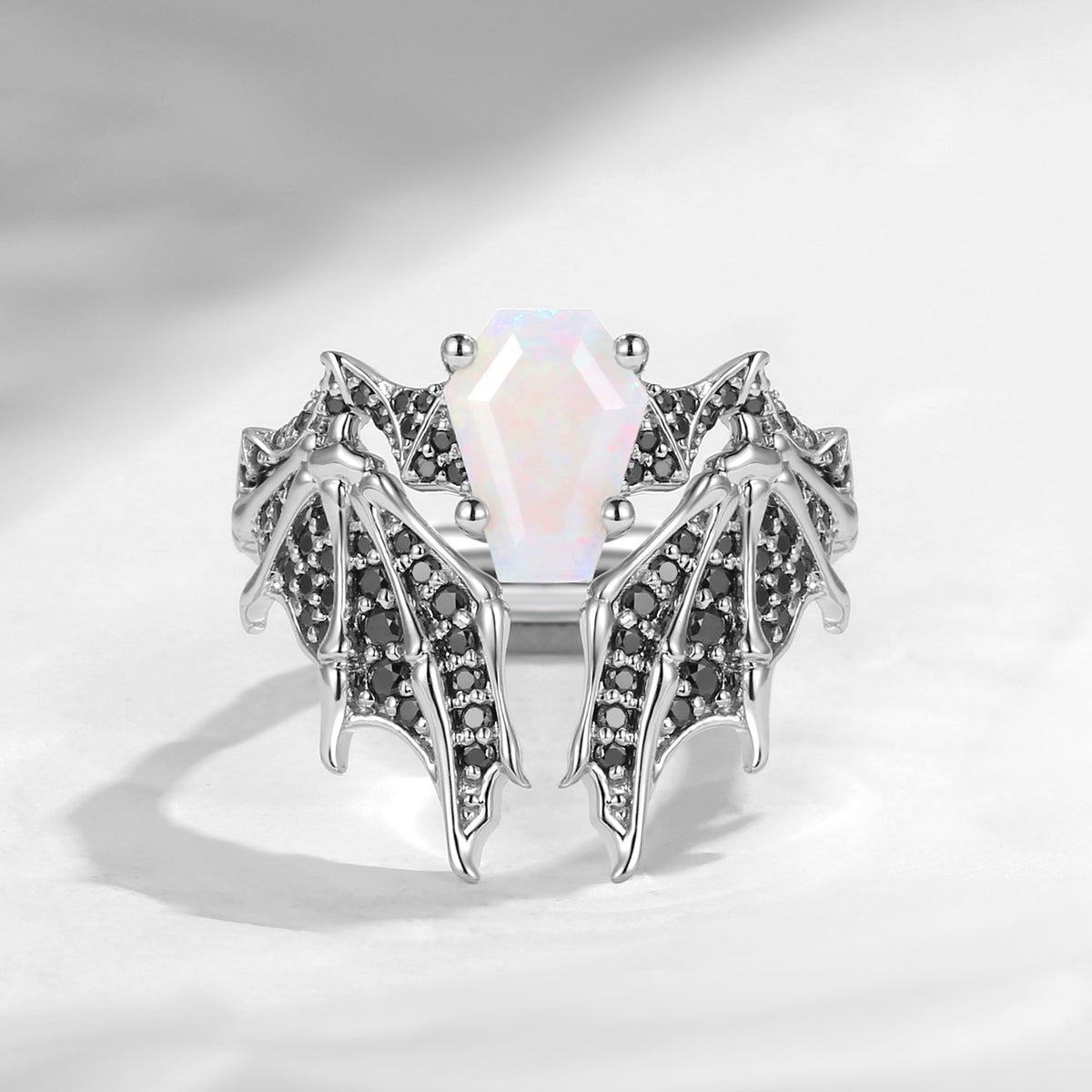 Non-Traditional Coffin Natural Opal Vampire Ring Bridal Set 2pcs - Bat Ring