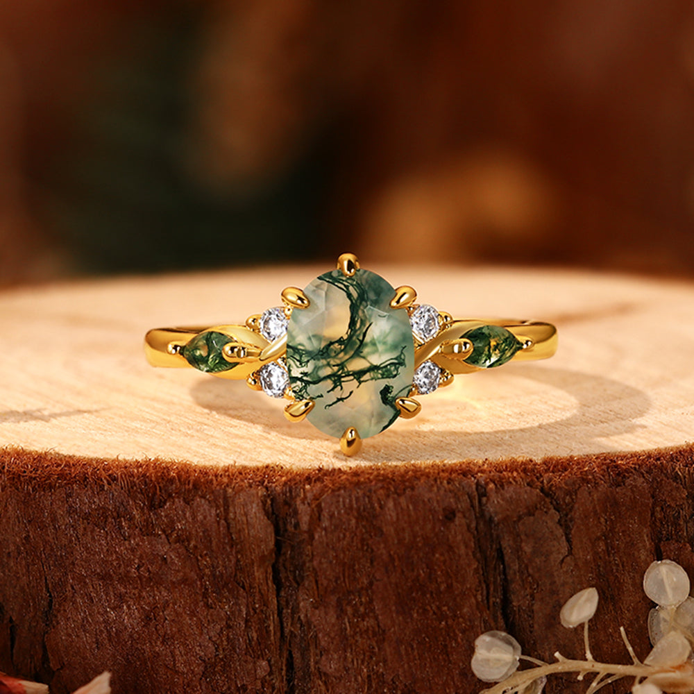 6*8mm Oval Cut Moss Agate Engagement Ring Nature Inspired Leaf Design Ring with Green Accents