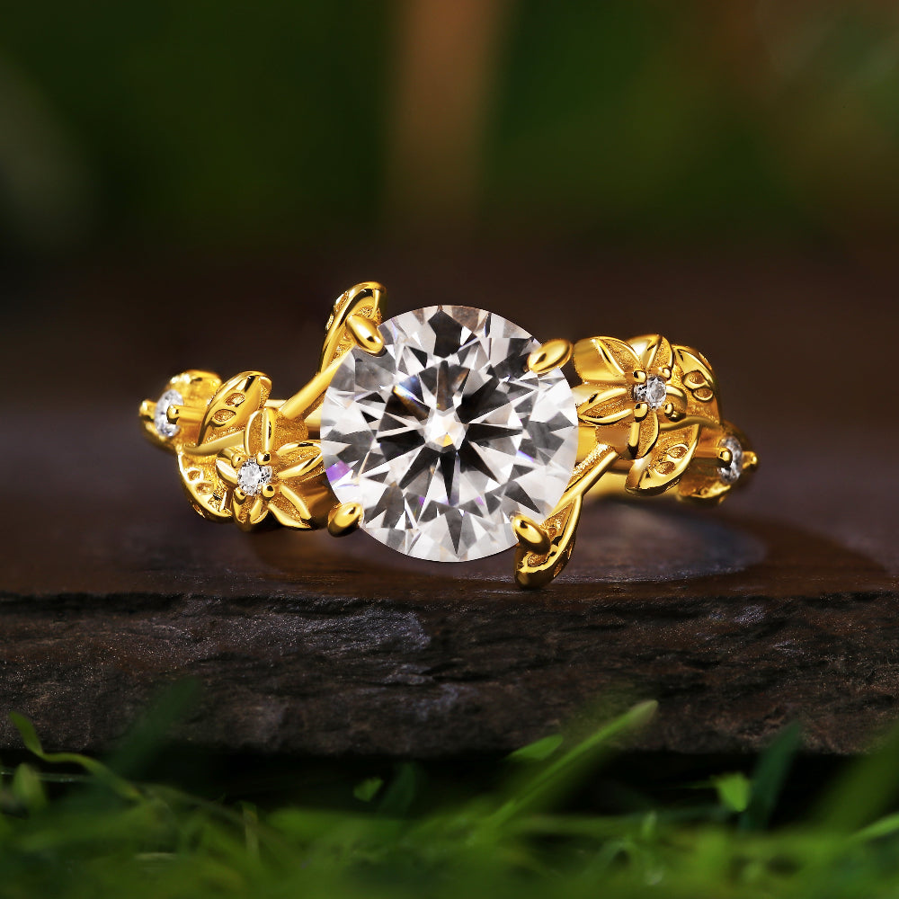2.04Ct Round Cut Moissanite with Floral Motif Accents Vintage Romantic Engagement Ring