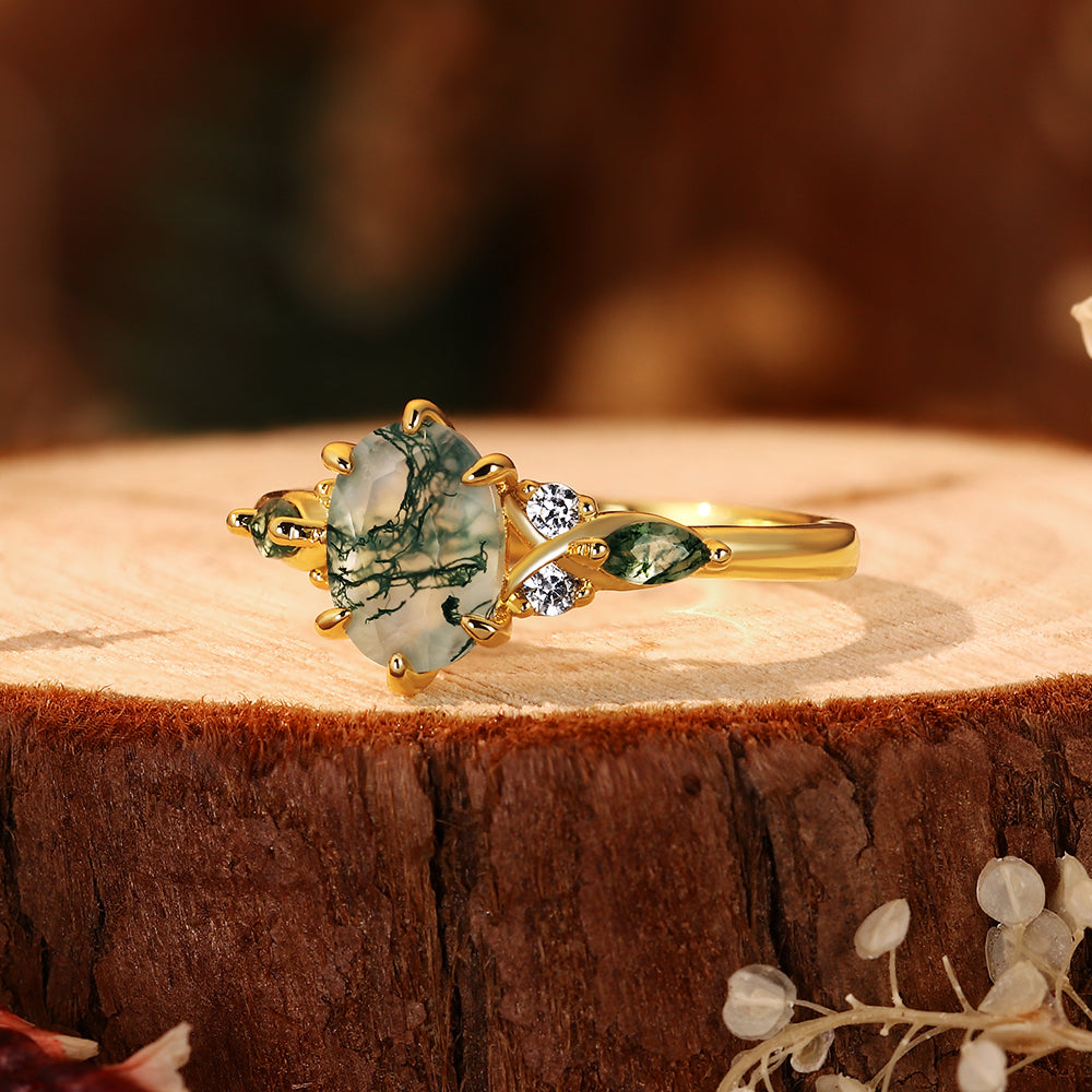 6*8mm Oval Cut Moss Agate Engagement Ring Nature Inspired Leaf Design Ring with Green Accents