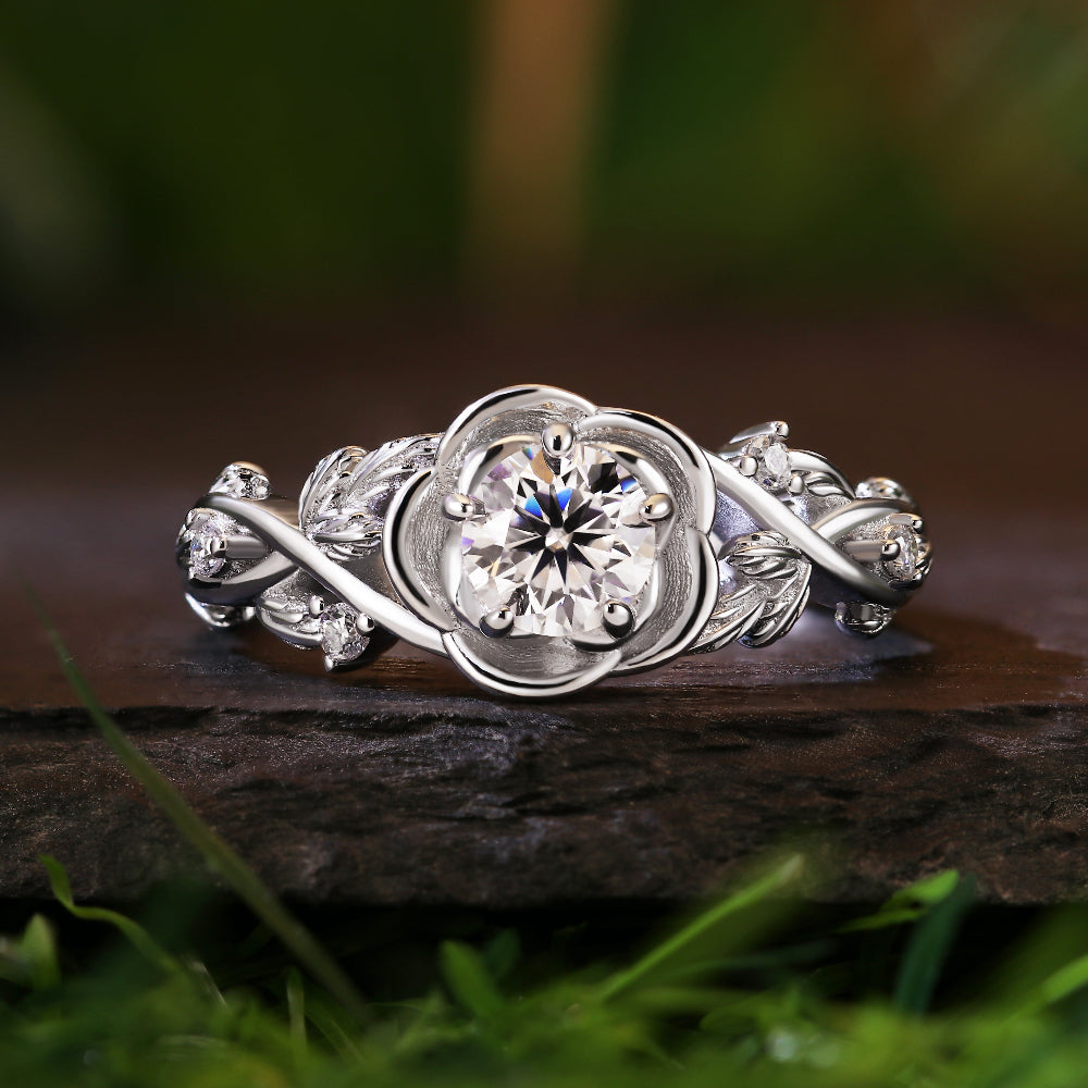 Nature Inspired 0.55CT Round Cut Moissanite Rose Flower Leaf Engagement Ring