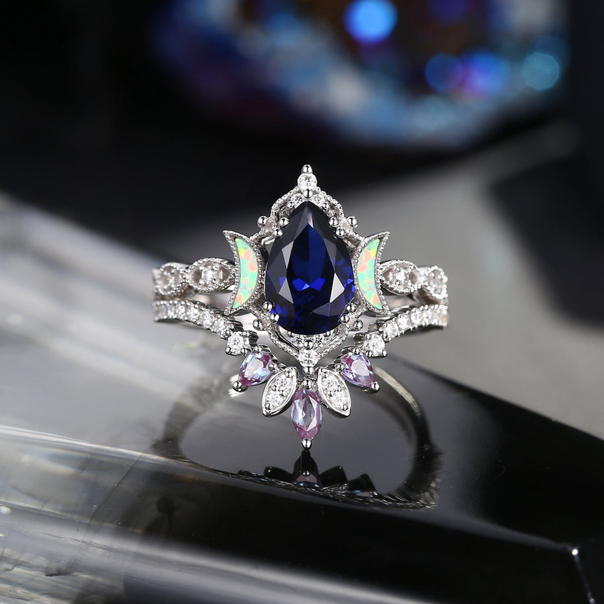 Crescent Moon | Pear Cut Lab Blue Sapphire & Alexandrite 'Ultra Galaxy' Engagement Ring Set 2pcs
