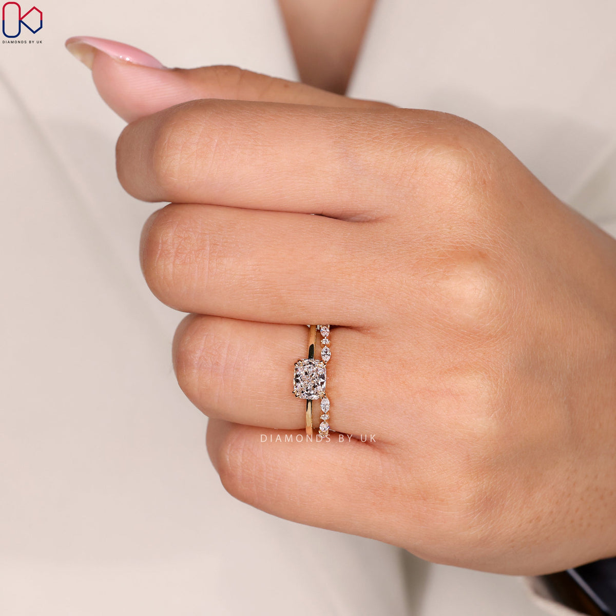 Solitaire Style Cushion Cut Ring with Wedding Band