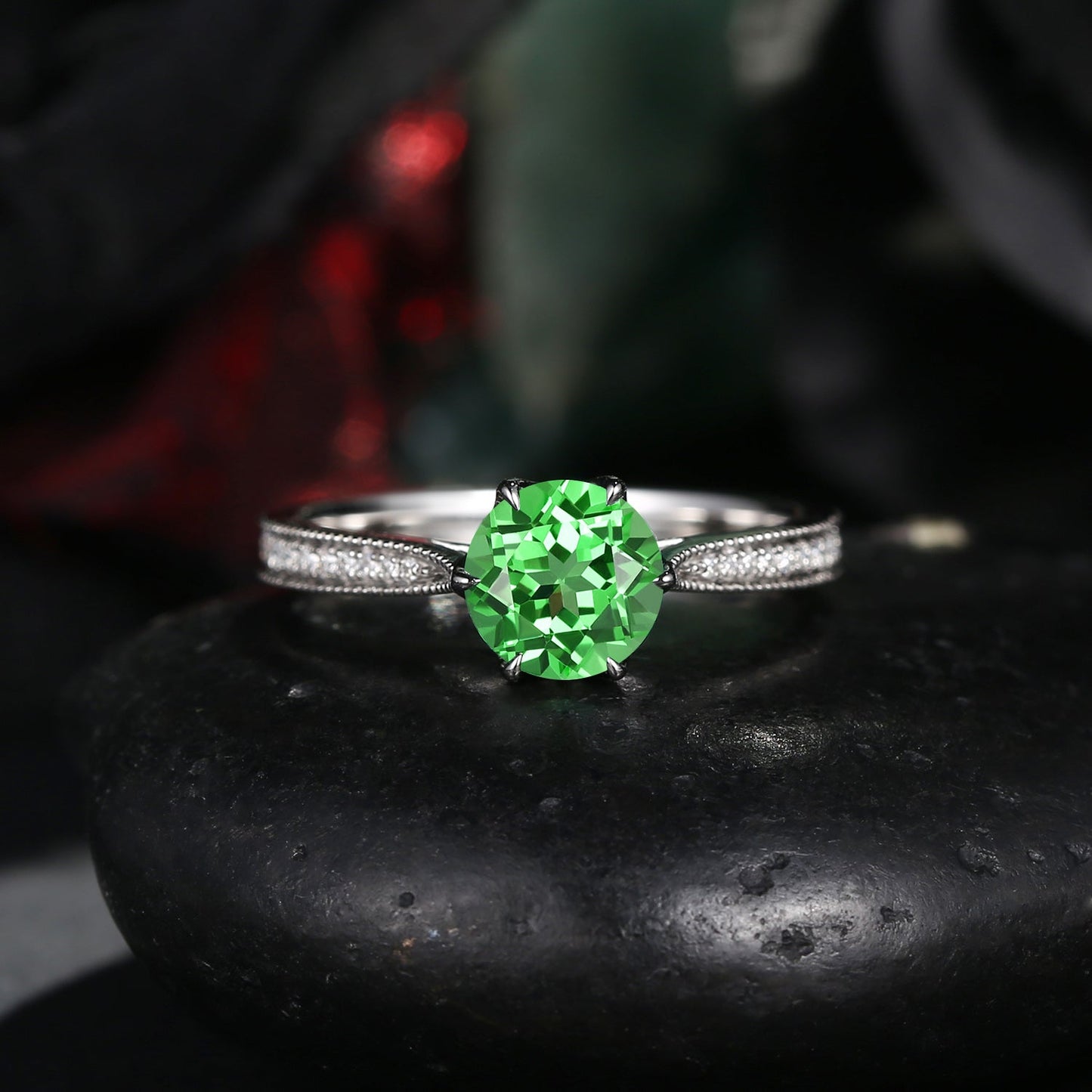 Antique Round Cut Lab Tsavorite Milgrain Engagement Ring