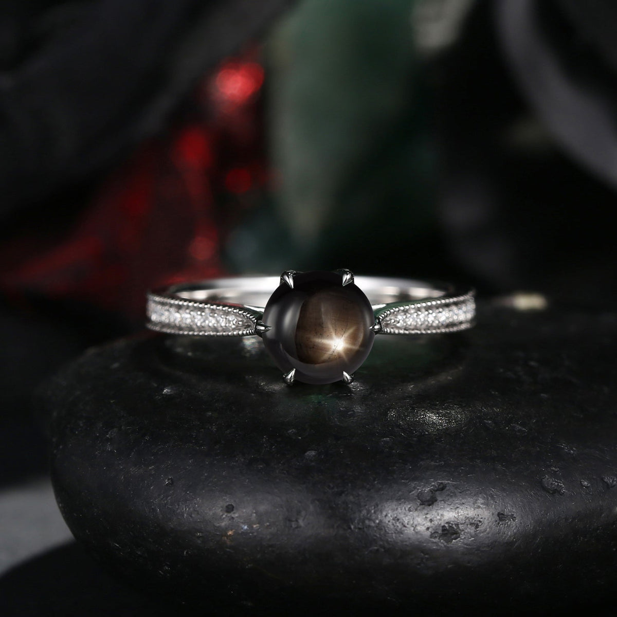 Antique Round Cut Natural Black Star Sapphire Milgrain Engagement Ring