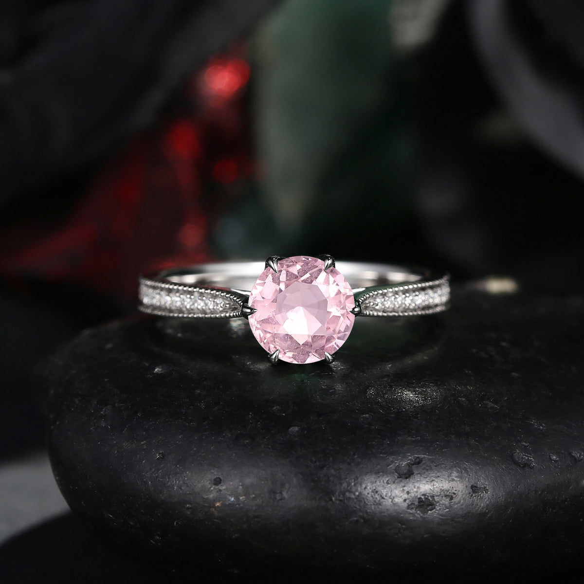 Antique Round Cut Natural Pink Tourmaline Milgrain Engagement Ring