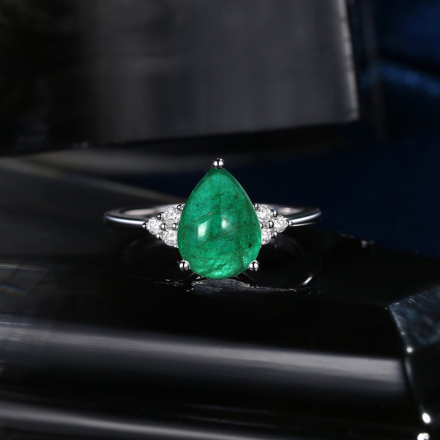Classic Style Pear Cut Natural Emerald Cluster Engagement Ring