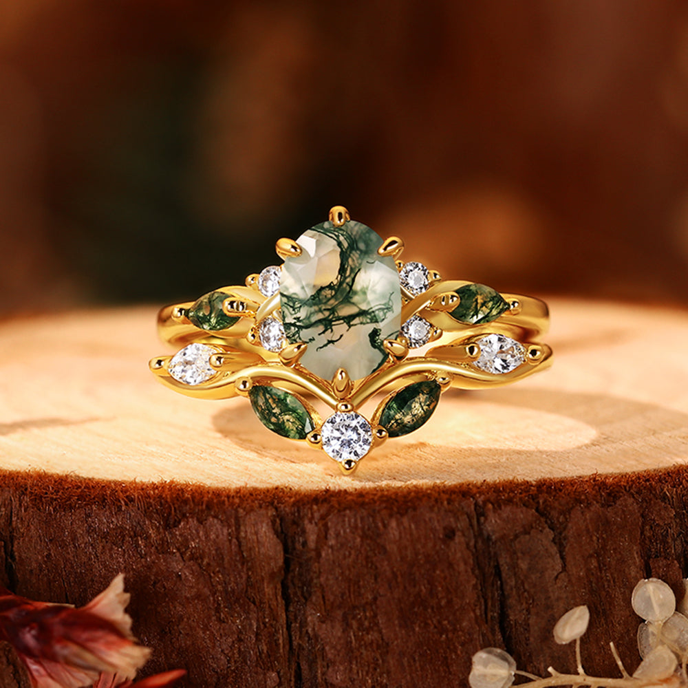 Enchanted Forest Moss Agate Ring Set - Handcrafted Leaf & Vine Bridal Set - Whimsical Nature-Inspired Gold Jewelry Gift for Her