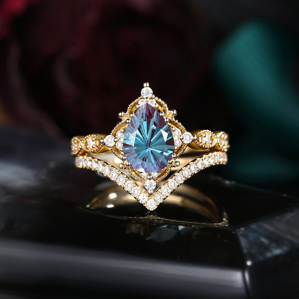 Vintage Inspired Firework Cut Pear Lab Alexandrite Antique Engagement Ring Set 2pcs - Evelyn