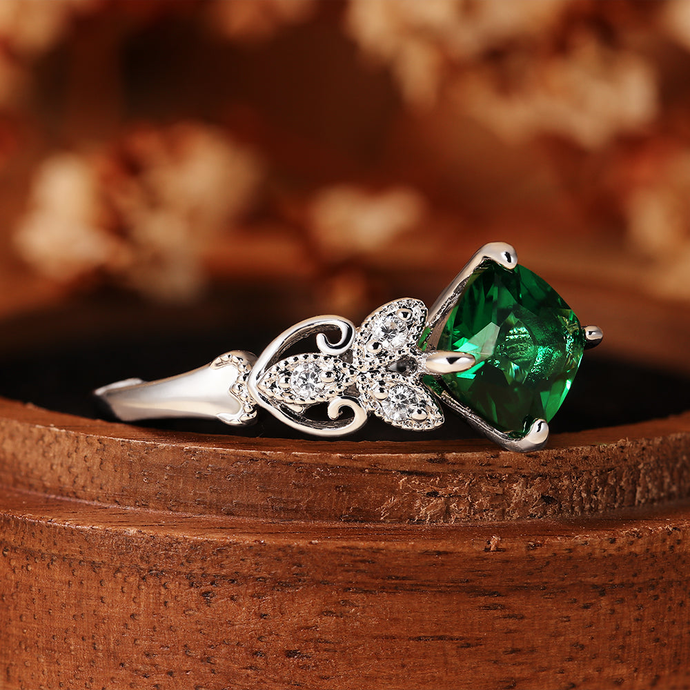 Vintage 1.46CT Cushion Cut Lab Emerald Art Deco Leaf Engagement Ring