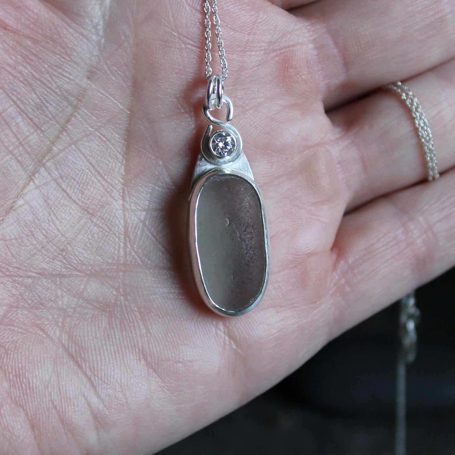 Large CZ & Gray Sea Glass Necklace | Sterling Silver | Handmade