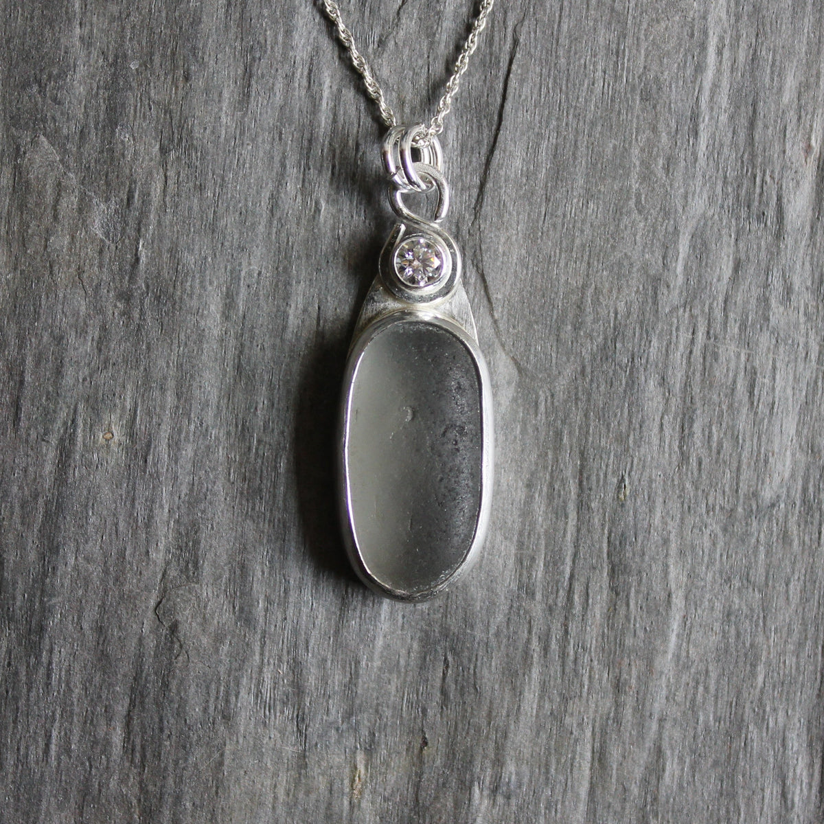Large CZ & Gray Sea Glass Necklace | Sterling Silver | Handmade