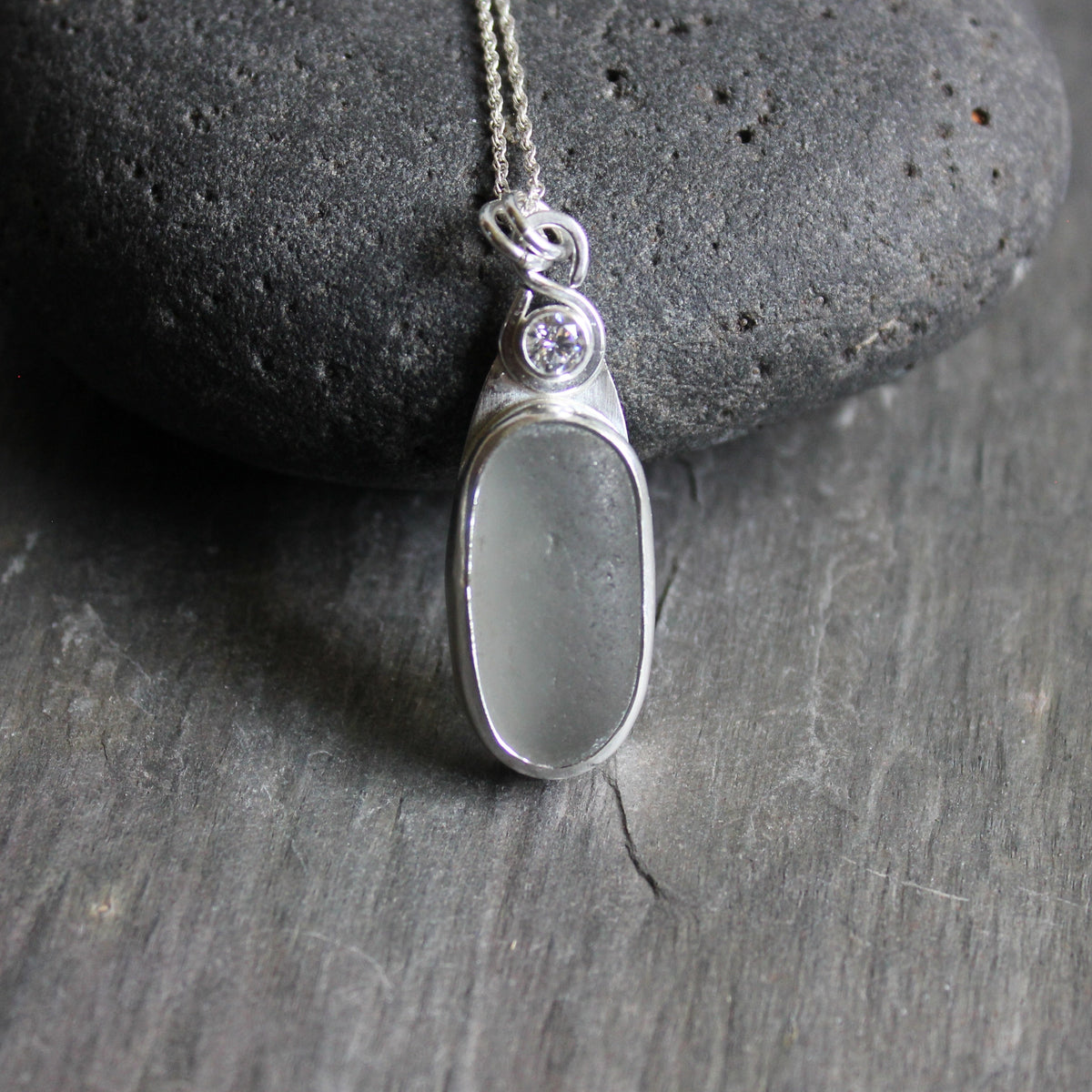 Large CZ & Gray Sea Glass Necklace | Sterling Silver | Handmade