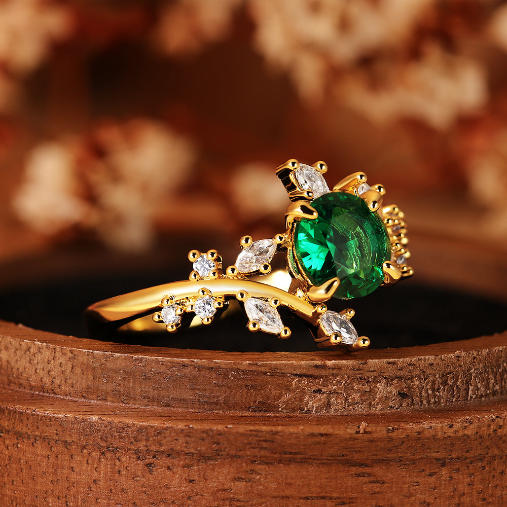 Nature Inspired 1.28CT Round Cut Lab Emerald Leaf & Branch Cluster Ring